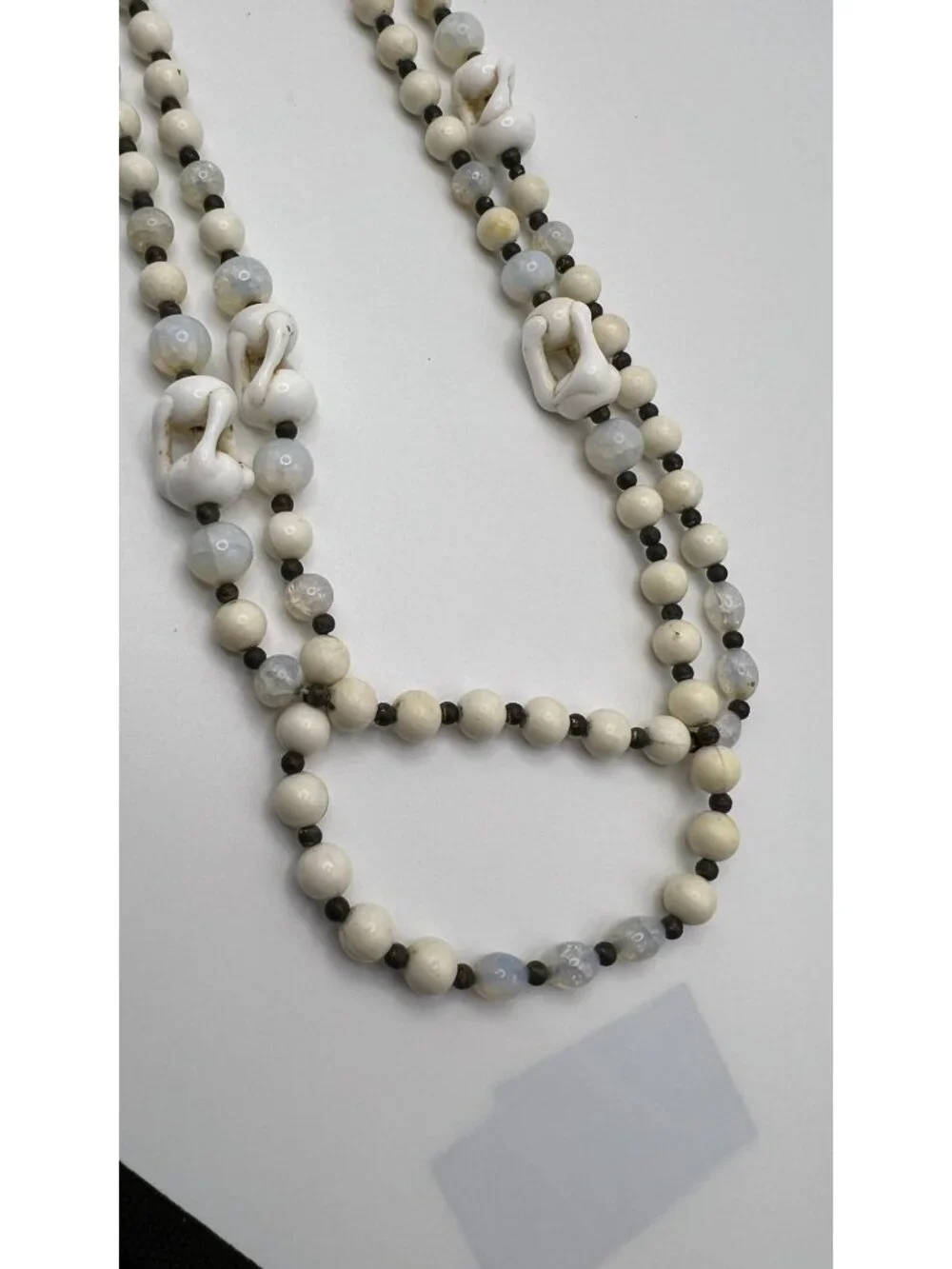 Vintage Multi-Strand White & Opalescent Beaded Necklace With Metal Clasp